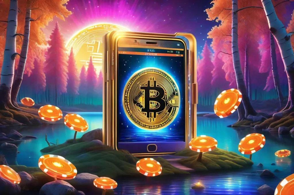 Puhelin, jossa Bitcoin-symboli kultakolikoiden keskellä järven rannalla revontulten alla