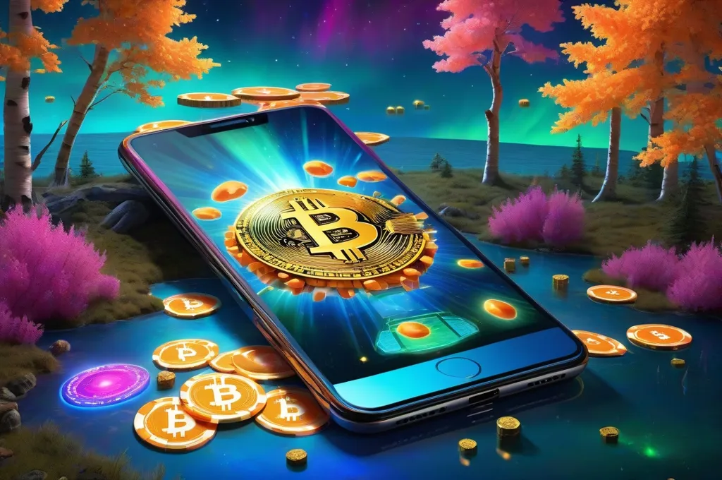 Hehkuva puhelin ja Bitcoin-kolikko suomalaisella järvenrannalla koivujen keskellä hämärässä