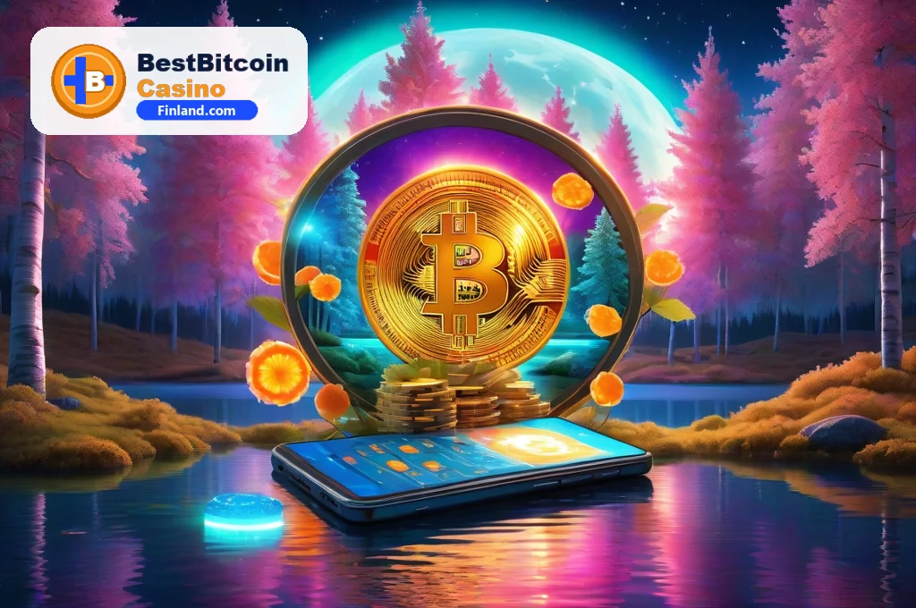 Phone with a crypto casino slot beside Bitcoin coins and cloudberries on a Finnish lakeside at night