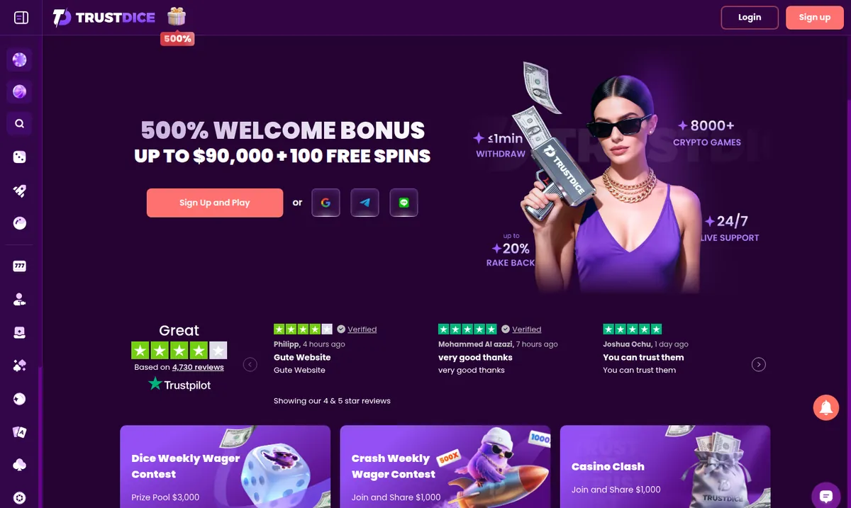 TrustDicen etusivu, jossa 500 %:n tervetuliaisbonus ja pelaaja-arvioita